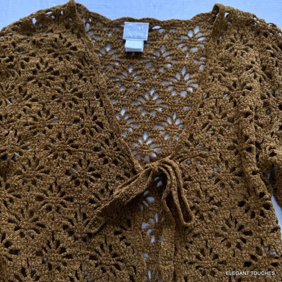 Moda International Womens Cardigan Sweater S Crochet Brown Open Front-Tie Knit - Picture 2 of 9